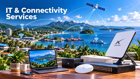 IT & Connectivity Services — Starlink, UniFi, and network hardware set up overlooking Honiara