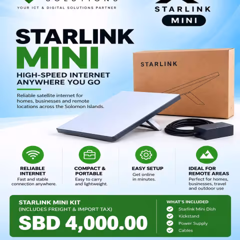 Starlink Mini kit with dish, kickstand, power supply and cables
