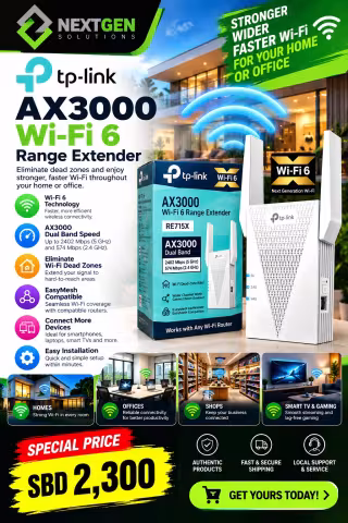 TP-Link RE715X AX3000 Wi-Fi 6 range extender with its box